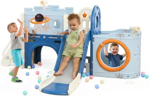 10 in 1 Toddler Slide Set, Kids Slide for Toddlers, Toddler Climber Slide PlaySet with Pirate Ship Playhouse, Basketball Hoop, Rings Toss, Indoor Playground Outdoor Playset for Toddlers 1-3