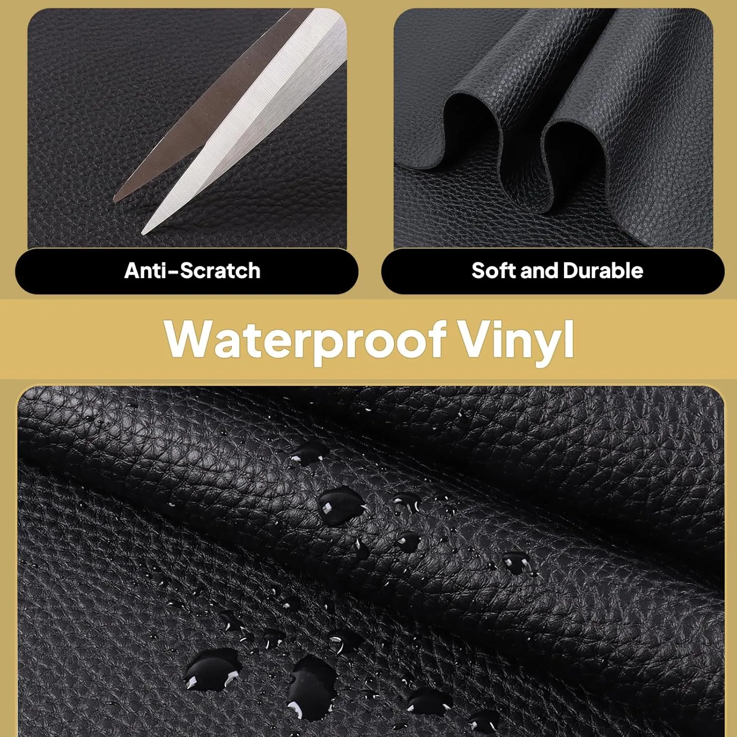 1.6mm Thick Heavy Duty Vinyl Fabric Marine 26" Wide by 24" Waterproof Synthetic Leather Sheets Anti-UV,Non-Peeling for Boat Auto Home Upholstery Crafts, DIY Sewings, Sofa, Handbag Black