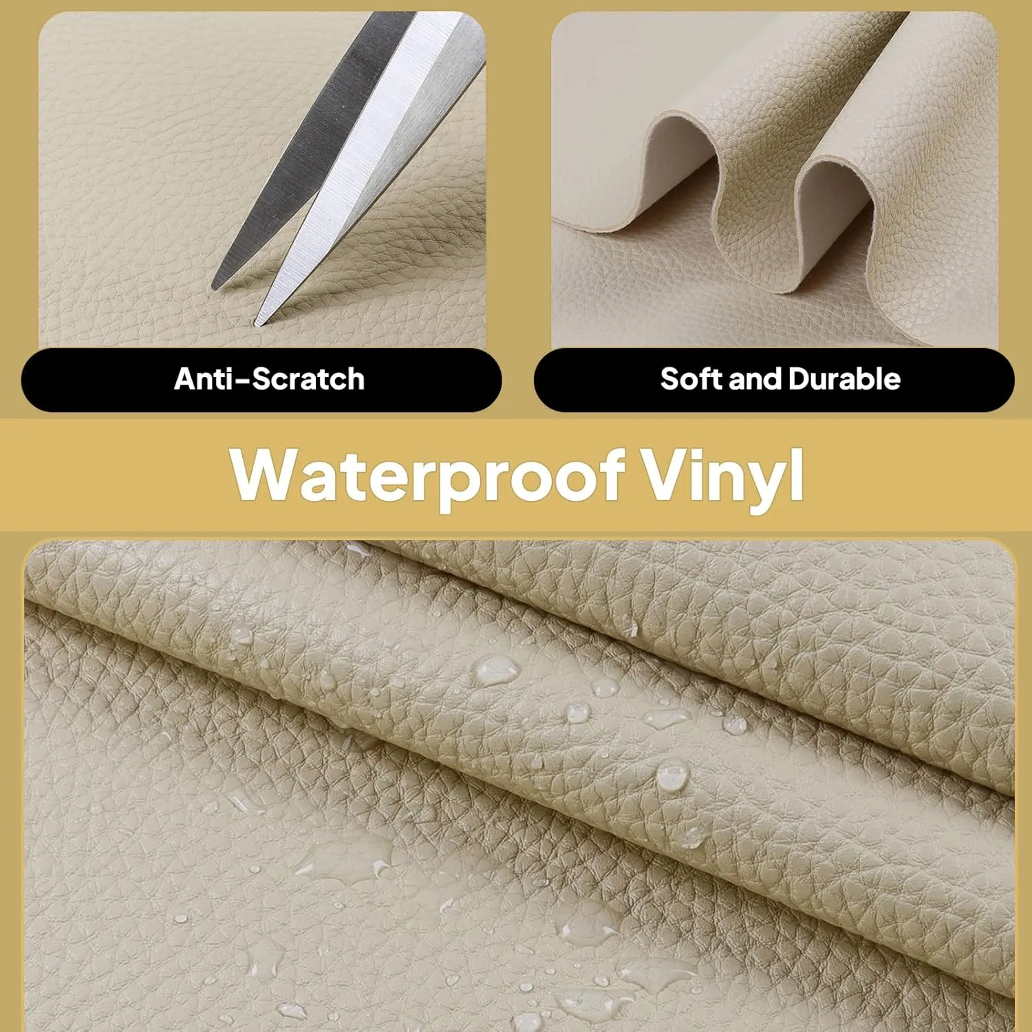 1.6mm Thick Heavy Duty Vinyl Fabric Marine 26" Wide by 36" Waterproof Synthetic Leather Sheets Anti-UV,Non-Peeling for Boat Auto Home Upholstery Crafts, DIY Sewings, Sofa, Handbag Beige
