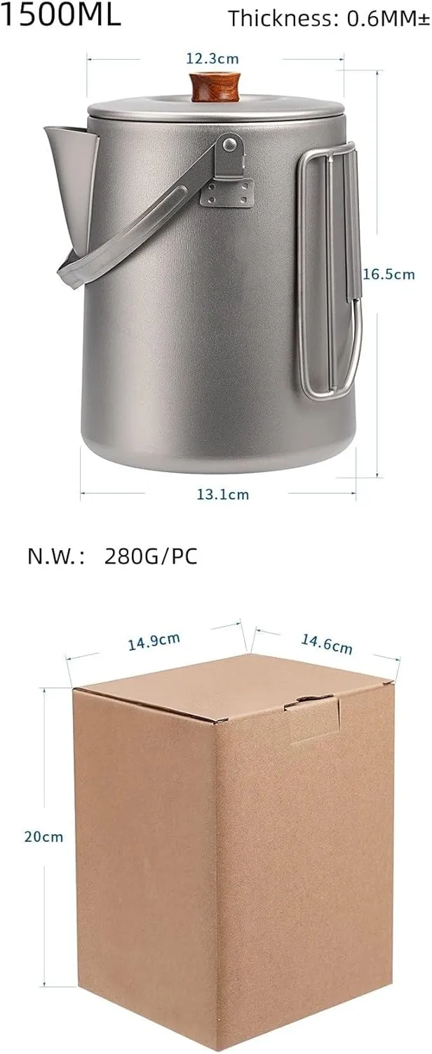 1PC Outdoor Pure Titanium Kettle Large Capacity 1500ml Folding Handle Coffee Pot