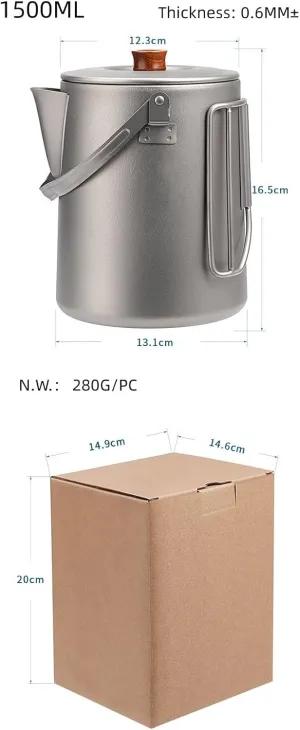 1PC Outdoor Pure Titanium Kettle Large Capacity 1500ml Folding Handle Coffee Pot