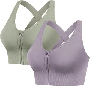 2 Pack Sports Bras for Women, Zipper Front Closure Workout Running Bra High Impact Seamless Padded Wireless Yoga Bras