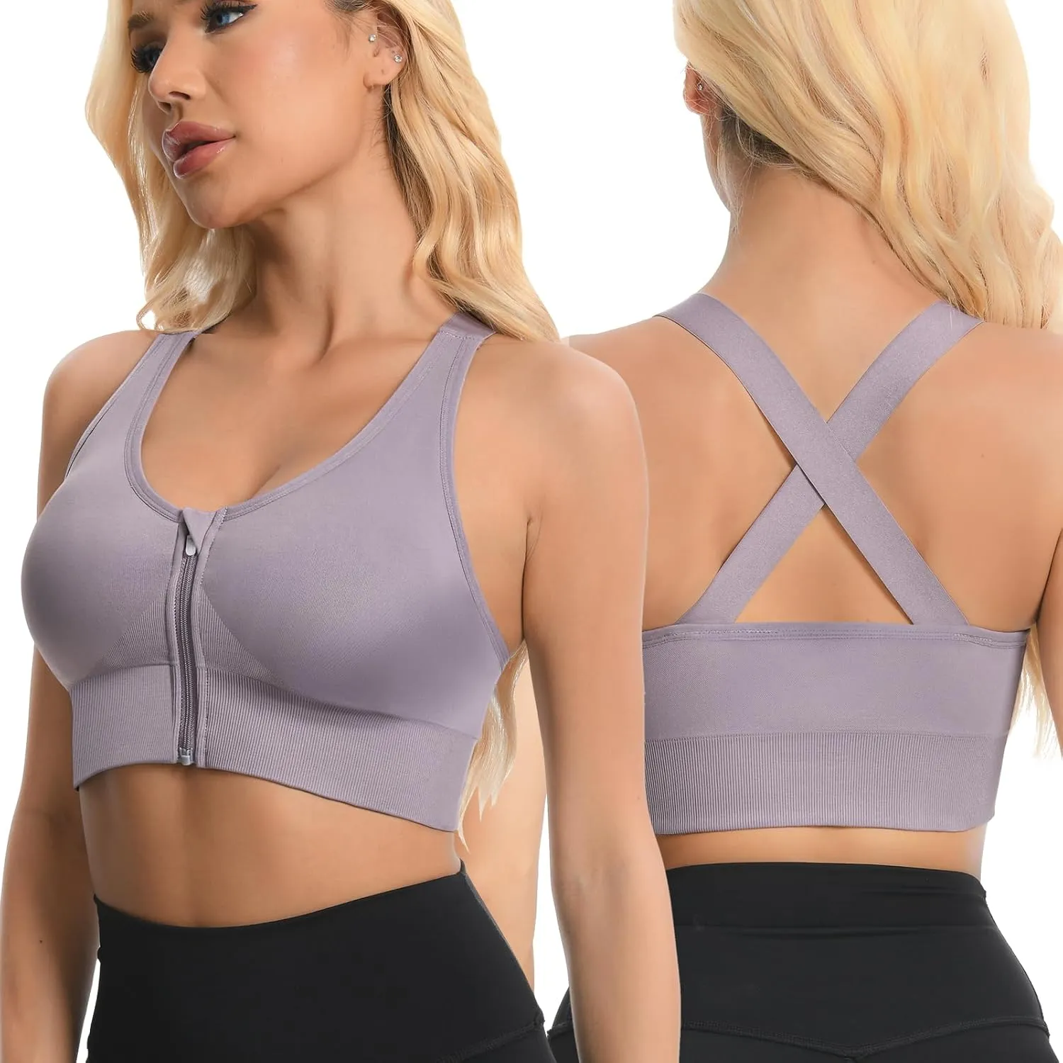 2 Pack Sports Bras for Women, Zipper Front Closure Workout Running Bra High Impact Seamless Padded Wireless Yoga Bras