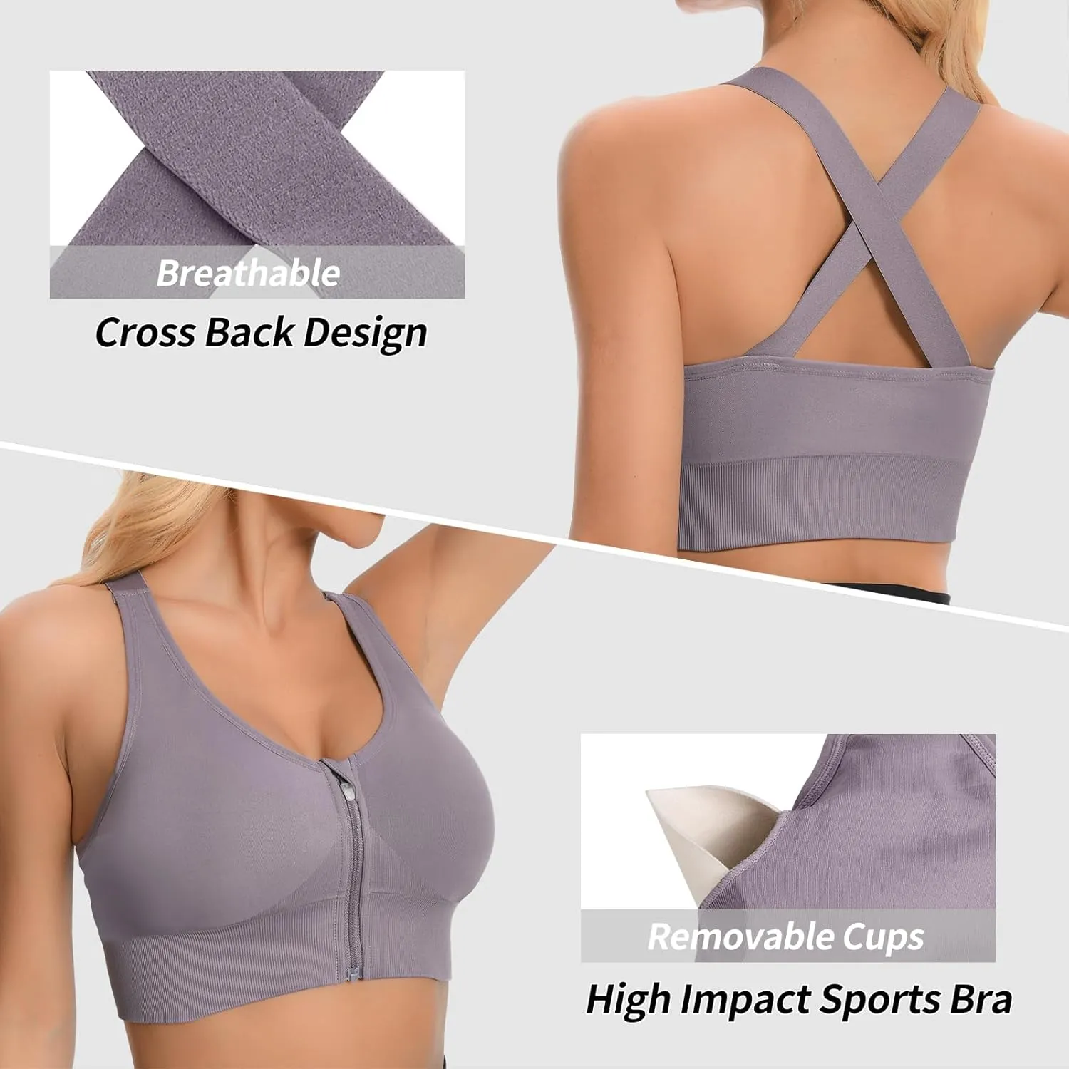 2 Pack Sports Bras for Women, Zipper Front Closure Workout Running Bra High Impact Seamless Padded Wireless Yoga Bras