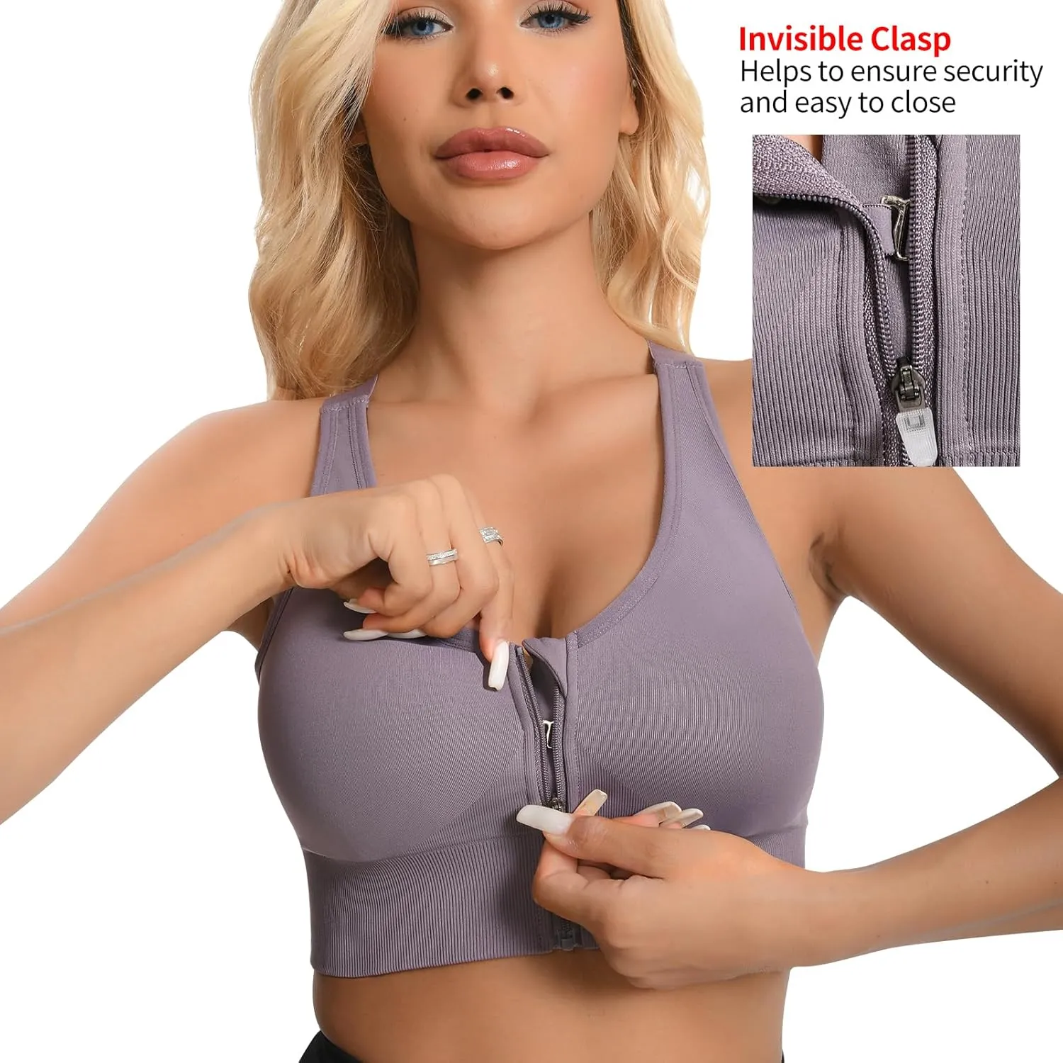 2 Pack Sports Bras for Women, Zipper Front Closure Workout Running Bra High Impact Seamless Padded Wireless Yoga Bras