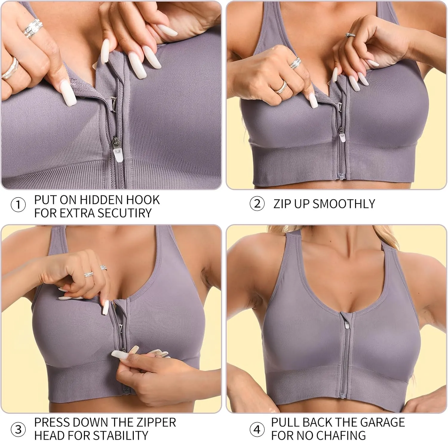 2 Pack Sports Bras for Women, Zipper Front Closure Workout Running Bra High Impact Seamless Padded Wireless Yoga Bras