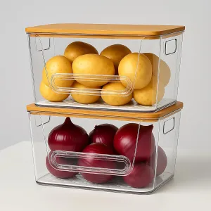 2-Pack Stackable Potato and Onion Storage Bins with Ventilated Mat – Clear Acrylic Pantry Organizers with Bamboo Lid, Kitchen Countertop Baskets for Vegetables, Fruits, Produce & More