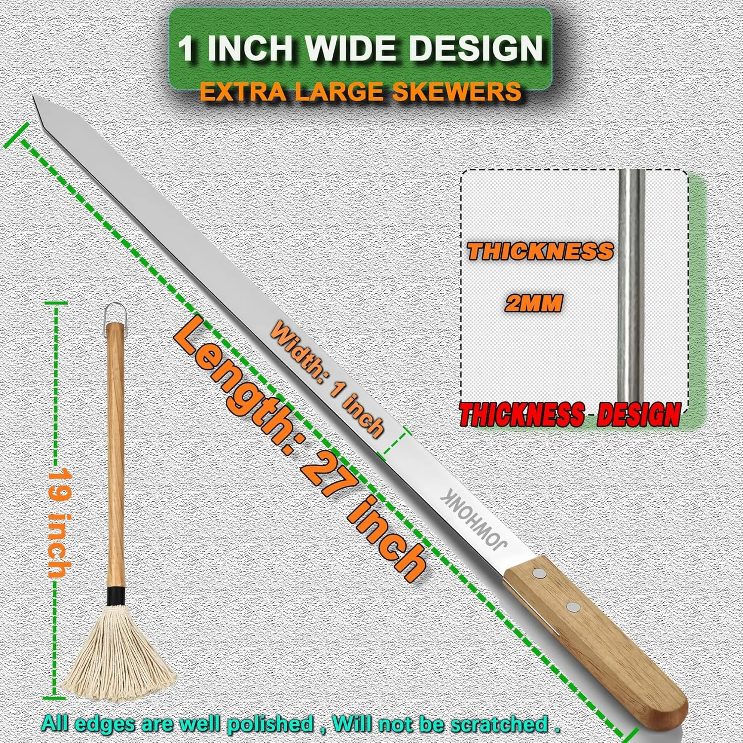 27 Inch Extra Long 1 Inch Wide Kabob Skewers for Grilling, Premium 304 Stainless Steel Barbecue Skewer with Wood Handle,Metal Flat Kebab Skewers include 8PCS BBQ Skewer,1PCS Grill Mop Brush