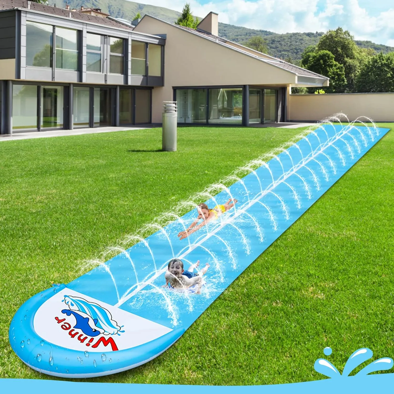 30ft Slip Splash and Slide, Heavy Duty Lawn Water Slide, Extra Long Slip Water Slides with 2 Bodyboards for Kids Adults Toy with Sprinkler, Sports Outdoor Garden Backyard (A)
