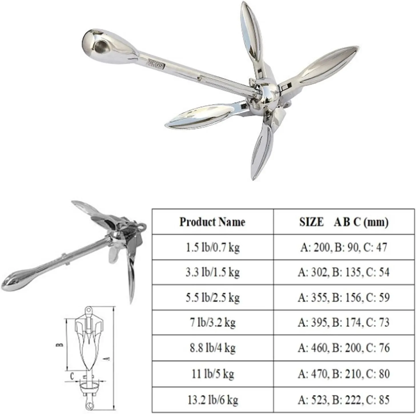 316 Stainless Steel Folding Boat Anchor, 1.5LBS-13.2LBS Grapnel Anchor for Kayak, Canoe, Jet Ski Watercraft Anchor Accessories