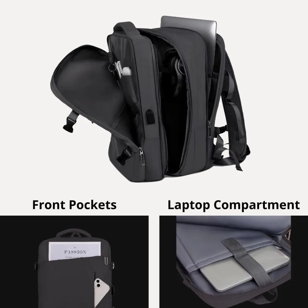 35L Black Travel Laptop Backpack for Men & Women, Waterproof & TSA-Friendly Carry On for 17.3'' Laptops, Flight Approved Personal Item with USB Charging Port