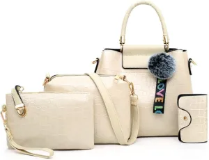 4-PC Women Fashion Handbag PU Leather Tote Pendant Shoulder Bag Crocodile Pattern Top Handle Satchel Ladies Purse Set
