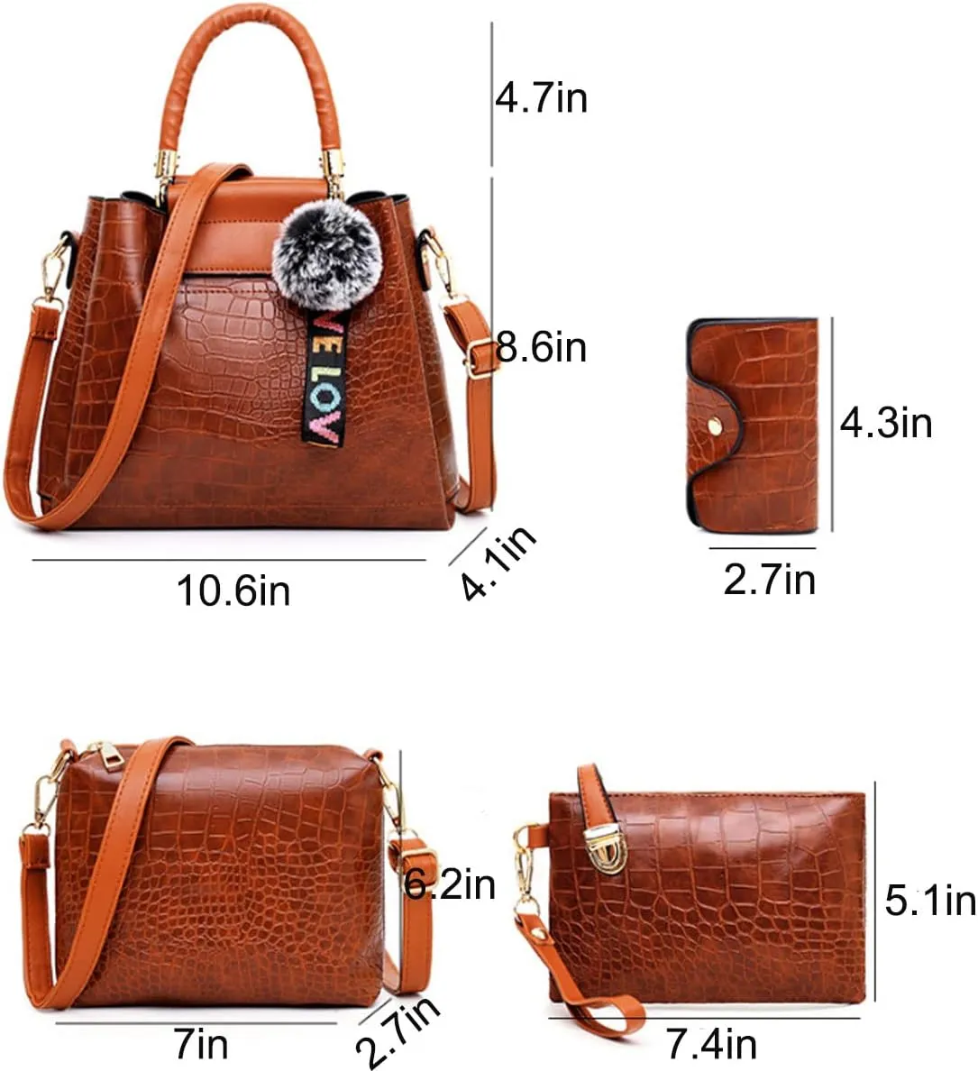 4-PC Women Fashion Handbag PU Leather Tote Pendant Shoulder Bag Crocodile Pattern Top Handle Satchel Ladies Purse Set