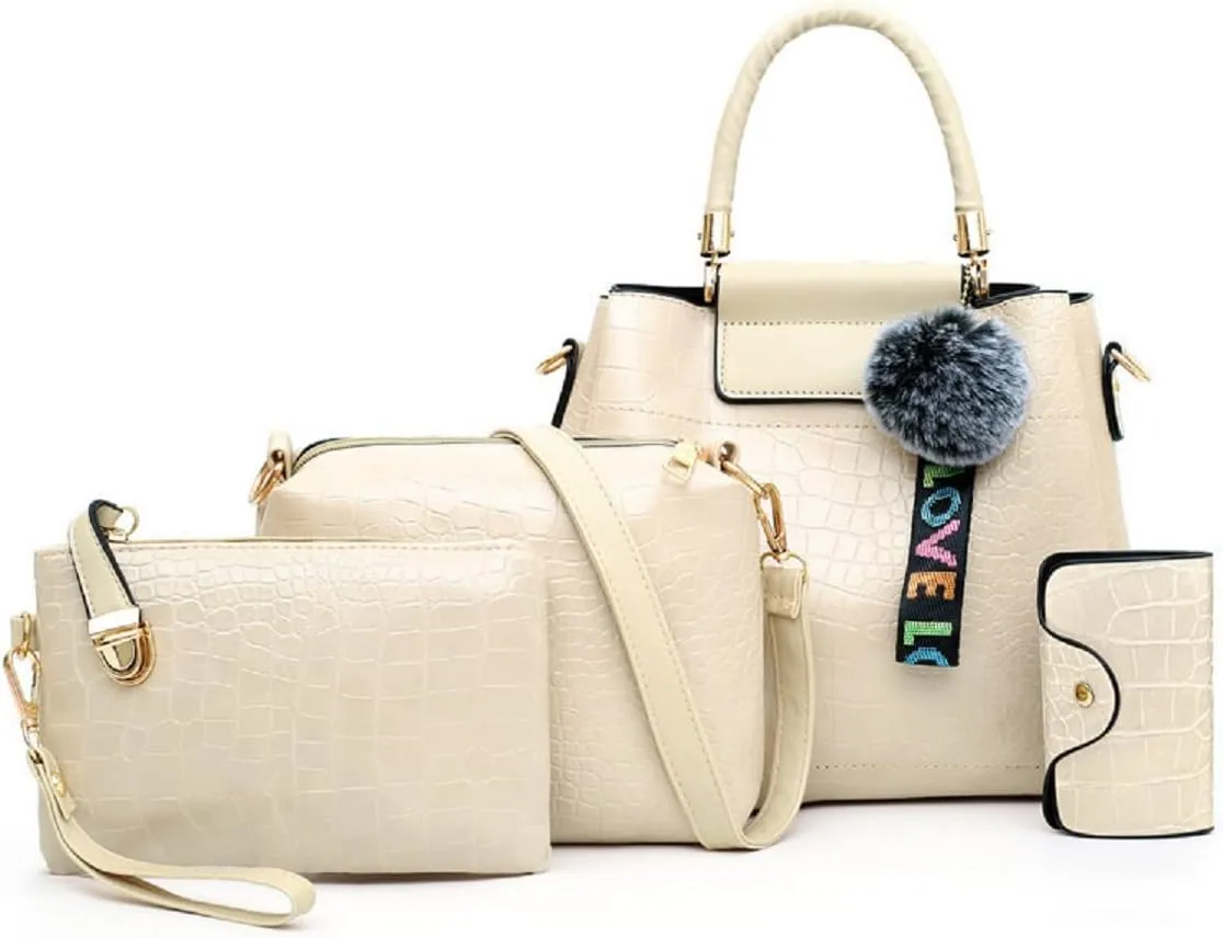 4-PC Women Fashion Handbag PU Leather Tote Pendant Shoulder Bag Crocodile Pattern Top Handle Satchel Ladies Purse Set