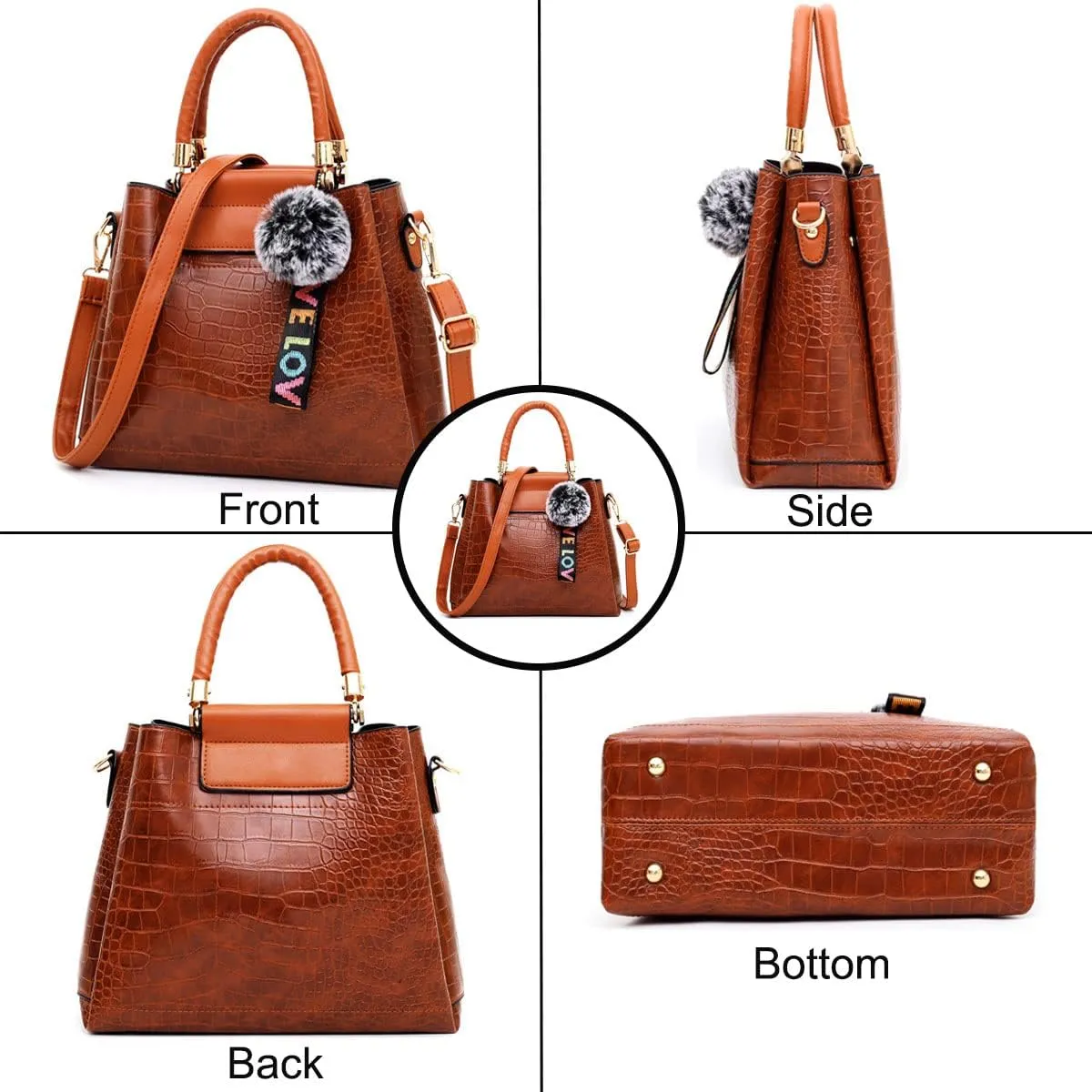4-PC Women Fashion Handbag PU Leather Tote Pendant Shoulder Bag Crocodile Pattern Top Handle Satchel Ladies Purse Set