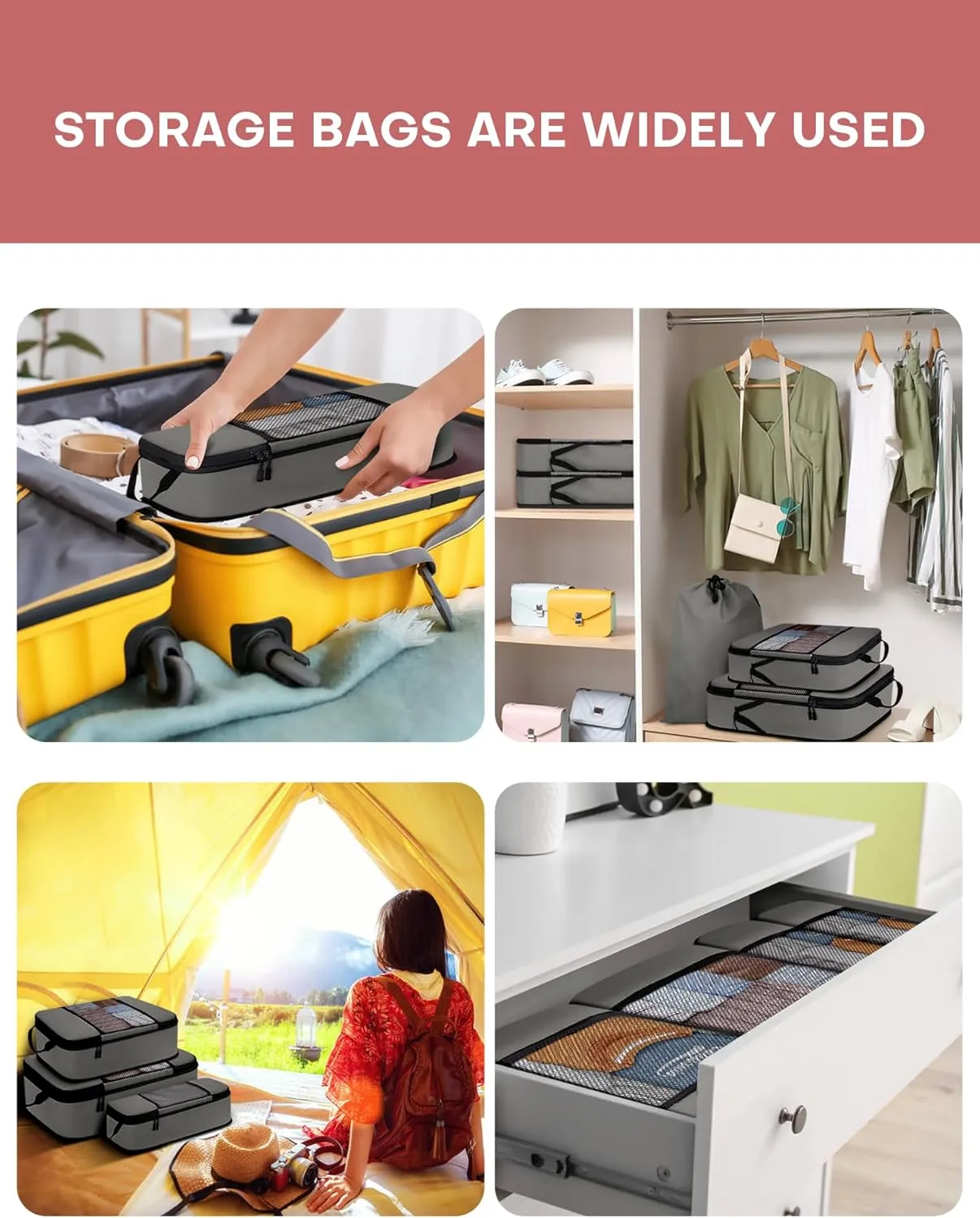 6 PCS Set Compression Packing Cubes for Travel, Lightweight Travel Packing Organizer Bags Travel Essentials for Carry On, Suitcase, Travel Bags, Home Closet - Grey