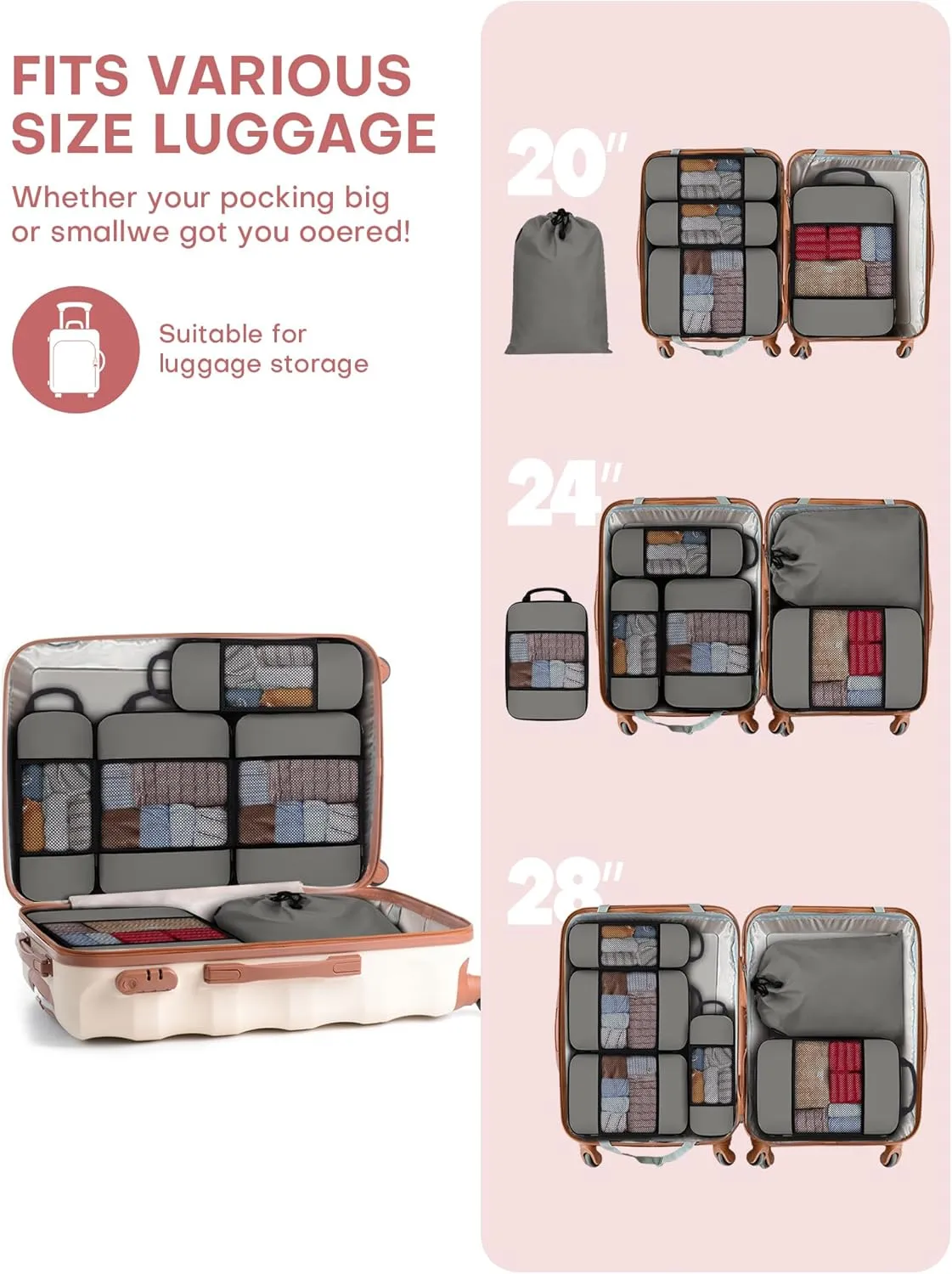 6 PCS Set Compression Packing Cubes for Travel, Lightweight Travel Packing Organizer Bags Travel Essentials for Carry On, Suitcase, Travel Bags, Home Closet - Grey
