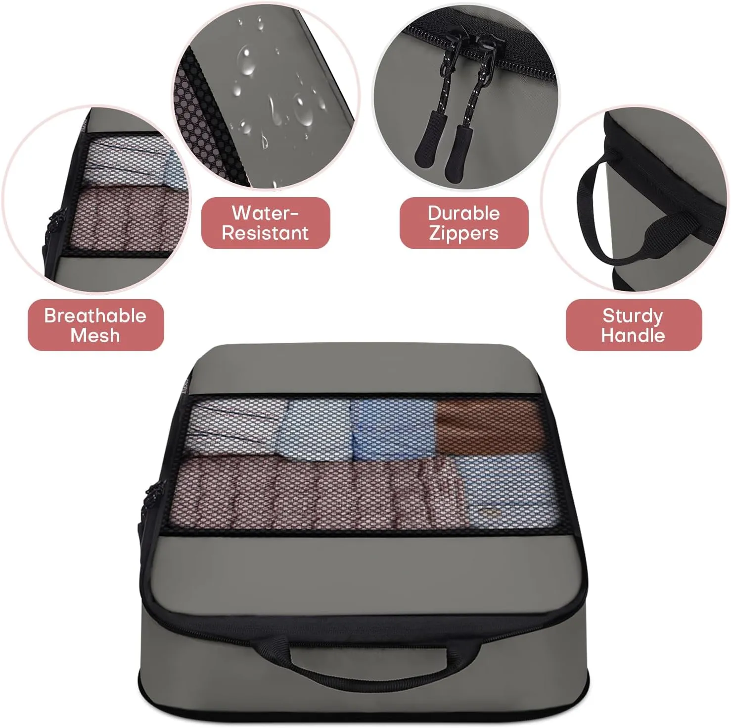 6 PCS Set Compression Packing Cubes for Travel, Lightweight Travel Packing Organizer Bags Travel Essentials for Carry On, Suitcase, Travel Bags, Home Closet - Grey