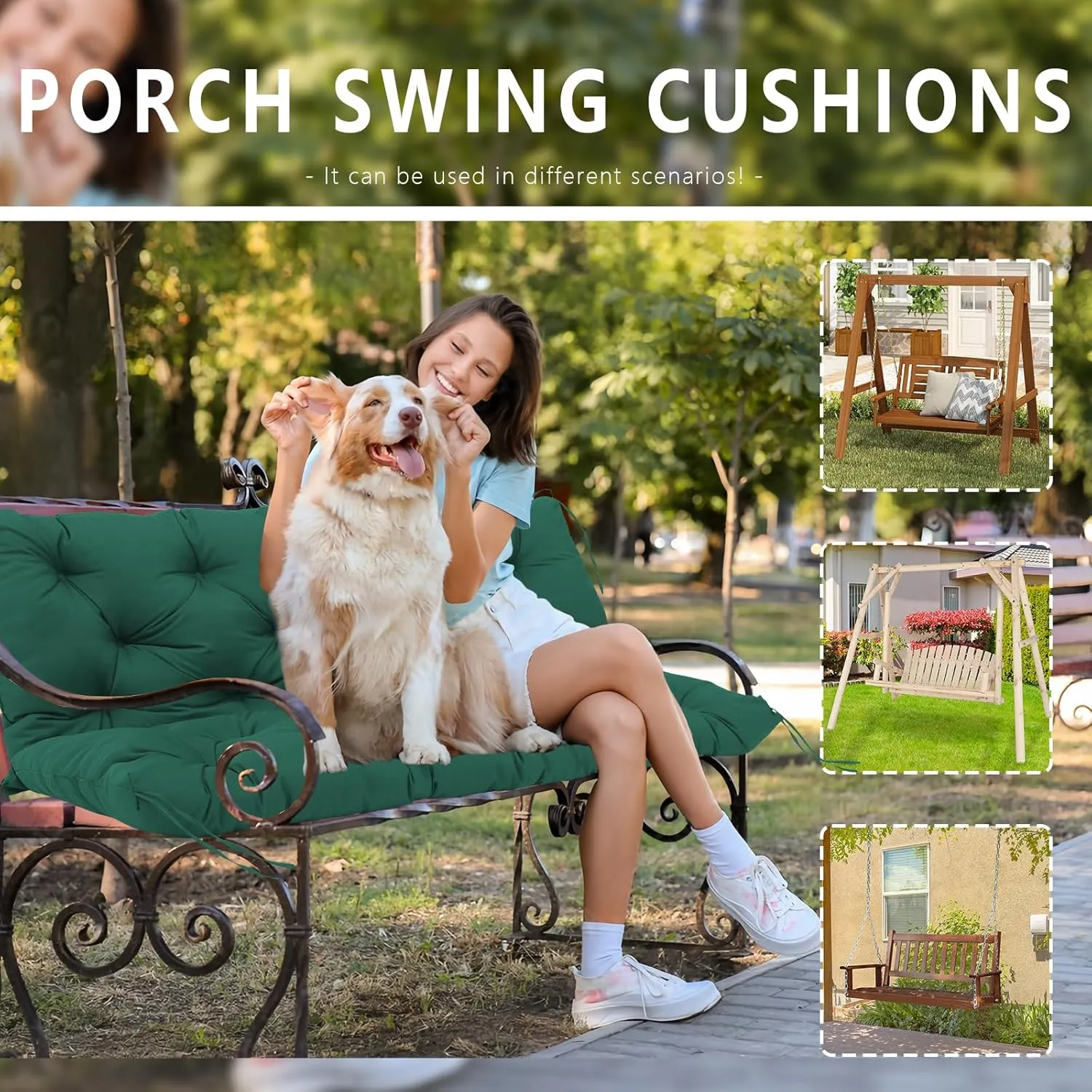 【60x40in】 5" Extra Thick Porch Swing Cushions Waterproof 3 Seater Replacement with Non-Slip Straps & Backrest, Outdoor Furniture Cushions for Patio, Lawn, Garden(Dark Green 60×40×5inch)
