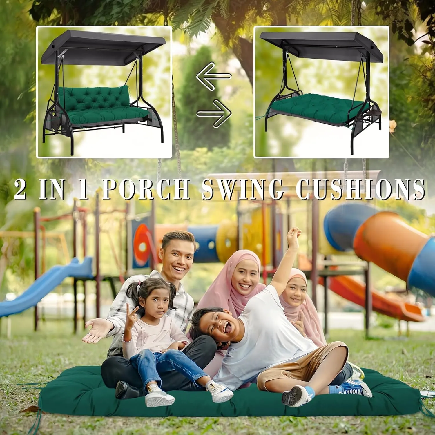 【60x40in】 5" Extra Thick Porch Swing Cushions Waterproof 3 Seater Replacement with Non-Slip Straps & Backrest, Outdoor Furniture Cushions for Patio, Lawn, Garden(Dark Green 60×40×5inch)
