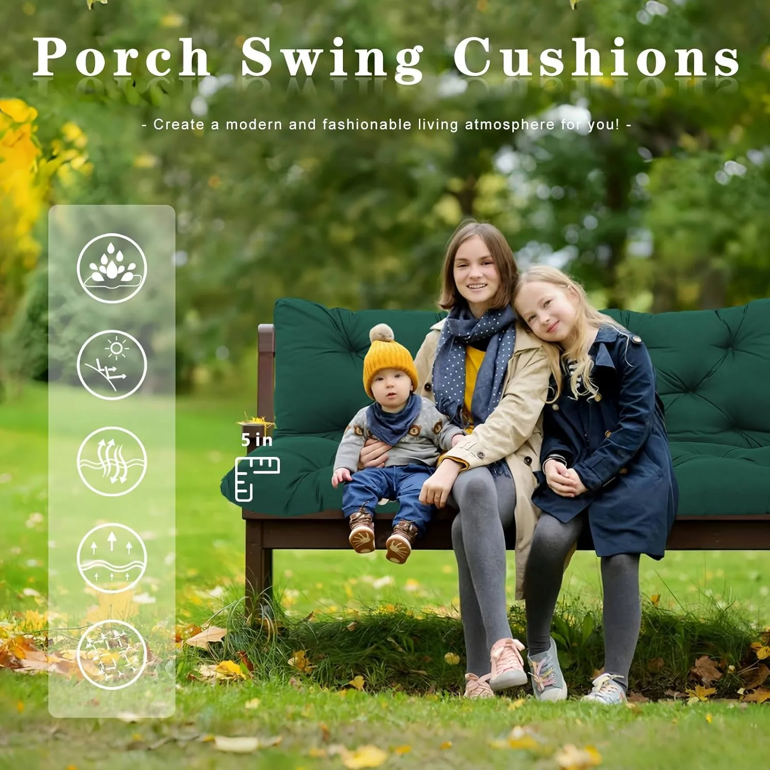 【60x40in】 5" Extra Thick Porch Swing Cushions Waterproof 3 Seater Replacement with Non-Slip Straps & Backrest, Outdoor Furniture Cushions for Patio, Lawn, Garden(Dark Green 60×40×5inch)