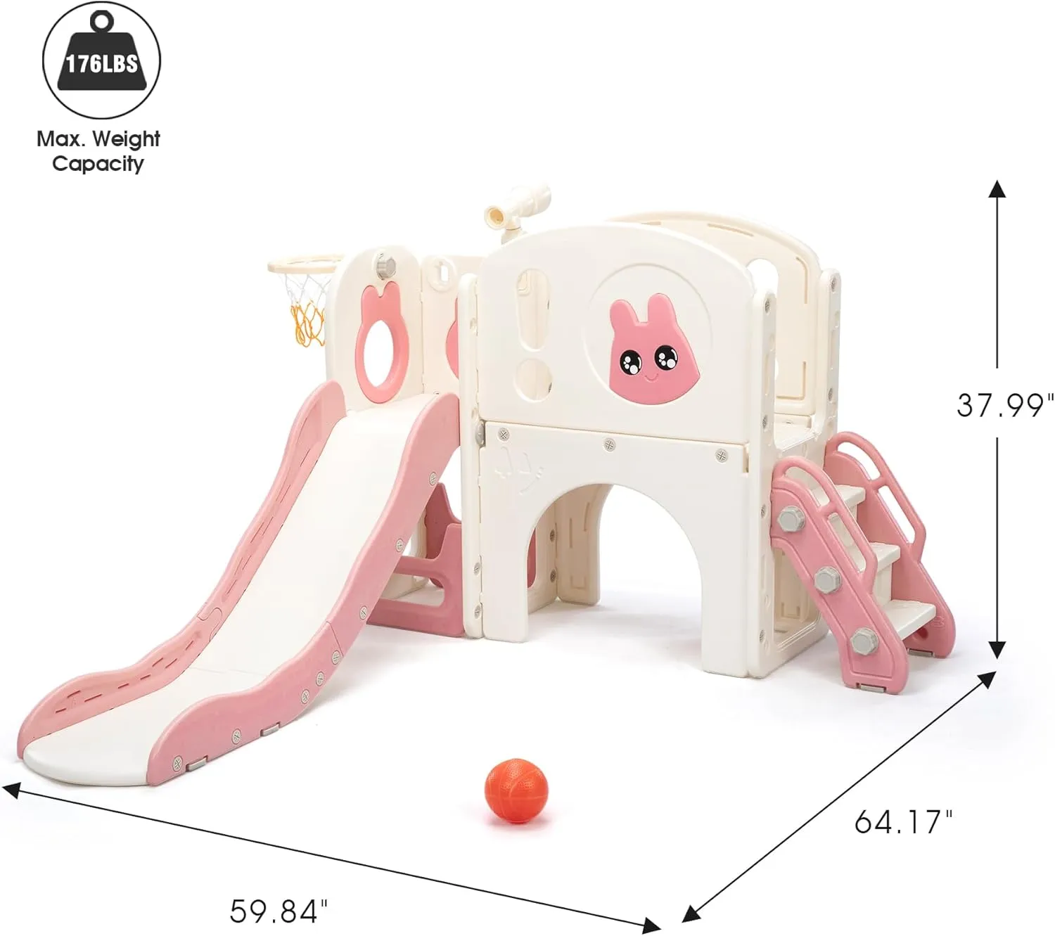 8-in-1 Toddler Slide and Climber Playset, Kids Slide Playground with Stairs, Tunnel, Telescope, Storage, Basketball Hoop and Ball, Indoor Outdoor, 1-3 Years Old, Pink
