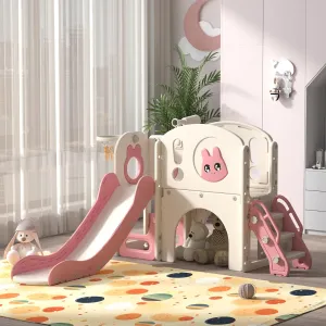 8-in-1 Toddler Slide and Climber Playset, Kids Slide Playground with Stairs, Tunnel, Telescope, Storage, Basketball Hoop and Ball, Indoor Outdoor, 1-3 Years Old, Pink