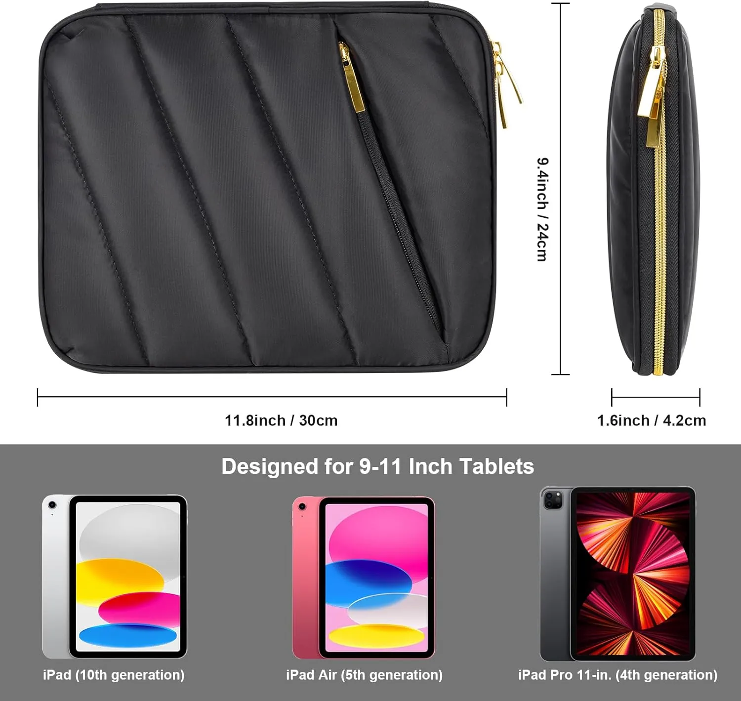 9-11 Inch iPad Sleeve Case, Puffy Padded Pouch Bag for iPad Pro 11-in (M4), iPad 10.9 (10th Gen), iPad Air 11-in (M2), Galaxy Tab S9/S8 (Black-11)