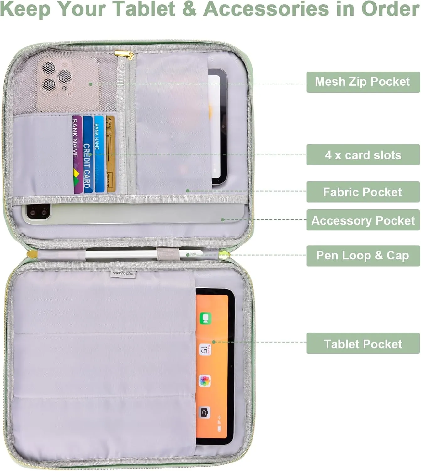 9-11 Inch Puffy Tablet Sleeve Case, Padded Pouch Bag for iPad Pro 11-in (M4), iPad 10.9 (10th Gen), iPad Air 11-in (M2), Galaxy Tab S9/S8 (Matcha Green-11)