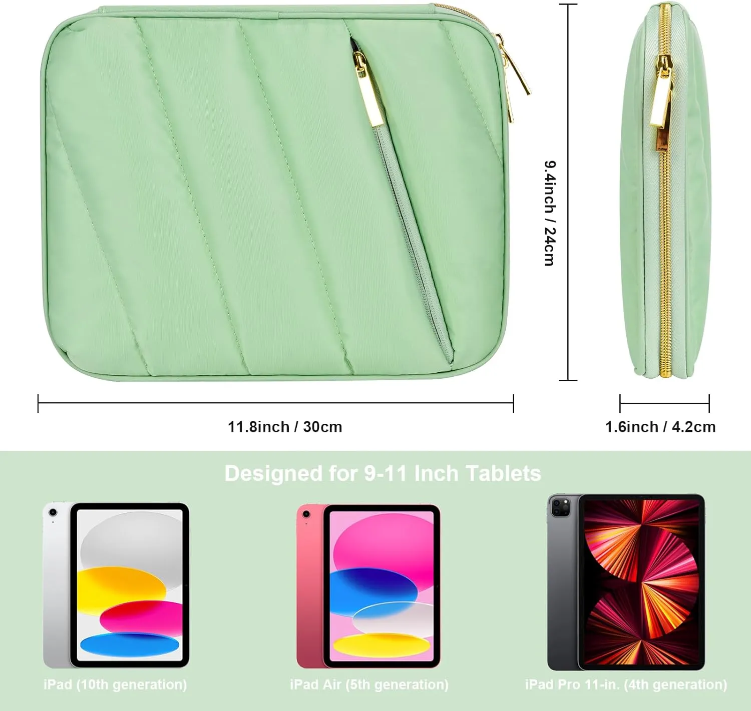 9-11 Inch Puffy Tablet Sleeve Case, Padded Pouch Bag for iPad Pro 11-in (M4), iPad 10.9 (10th Gen), iPad Air 11-in (M2), Galaxy Tab S9/S8 (Matcha Green-11)