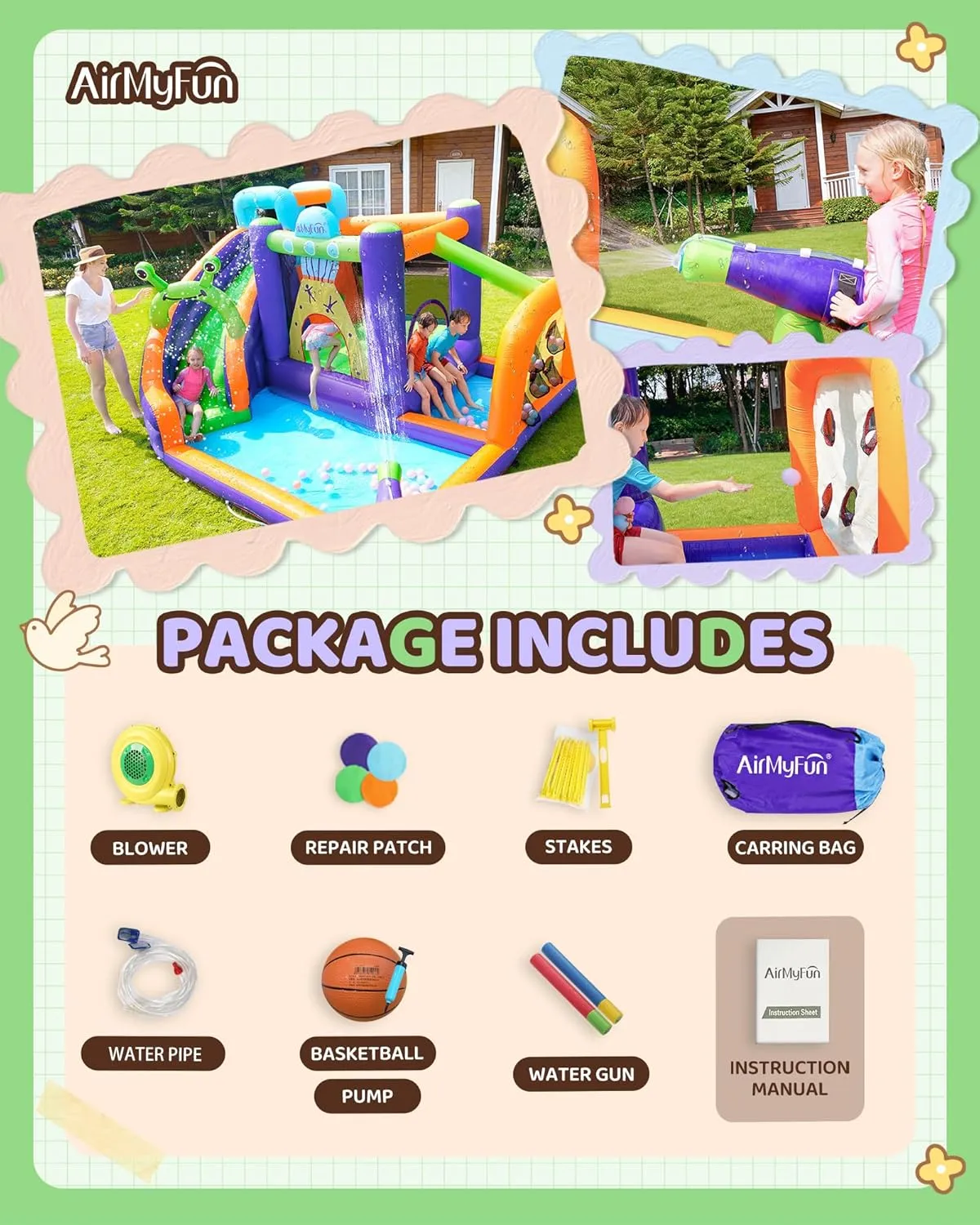 AirMyFun Water Bounce House Inflatable Water Slide Park for Kids Aged 3-10 with Long Slide, Water Gun and Ball Pool Play House for Outdoor Backyard