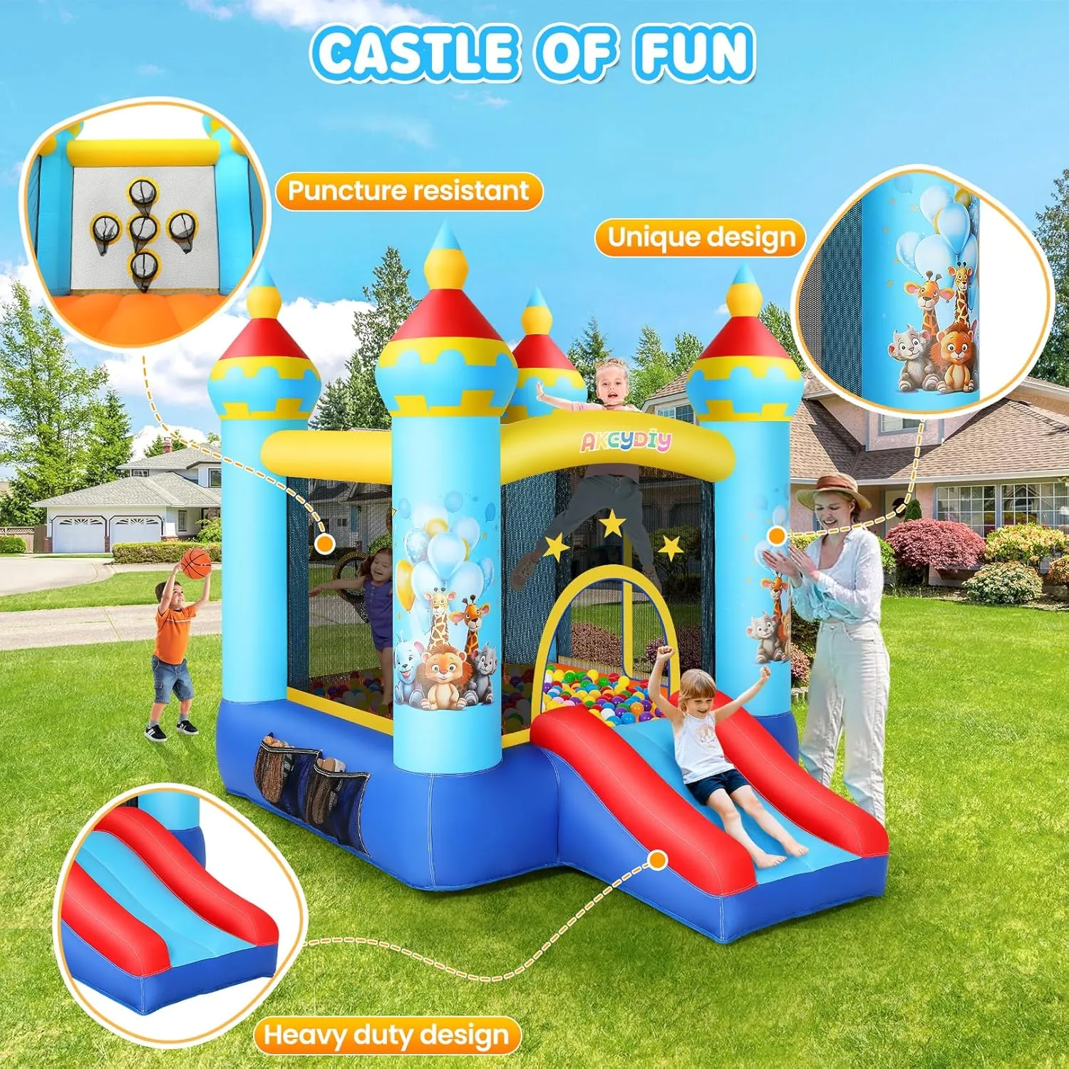 AKEYDIY Inflatable Bounce House,Kids Bouncy Castle for 2~10, 8.9 ft L x 5.9 ft W x 6.9 ft H Indoor/Outdoor Bouncy House with 470W Blower,Pastel Bouncer Slide with Safety Net,Basketball Rim&Fun Toys