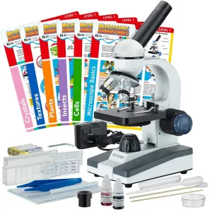 AmScope - 40X-1000X Compound Monocular Student Microscope Set   Slide Preparation Kit   Science Experiment Cards - M150C-SP14-EXCL1