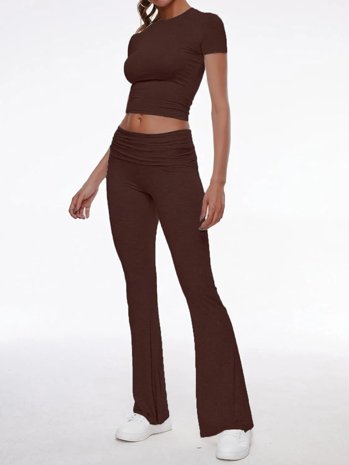 AnotherChill Women's 2 Piece Lounge Sets Fold-over Flare Pants Set Short Sleeve Crop Top Casual Outfits Comfy Loungewear