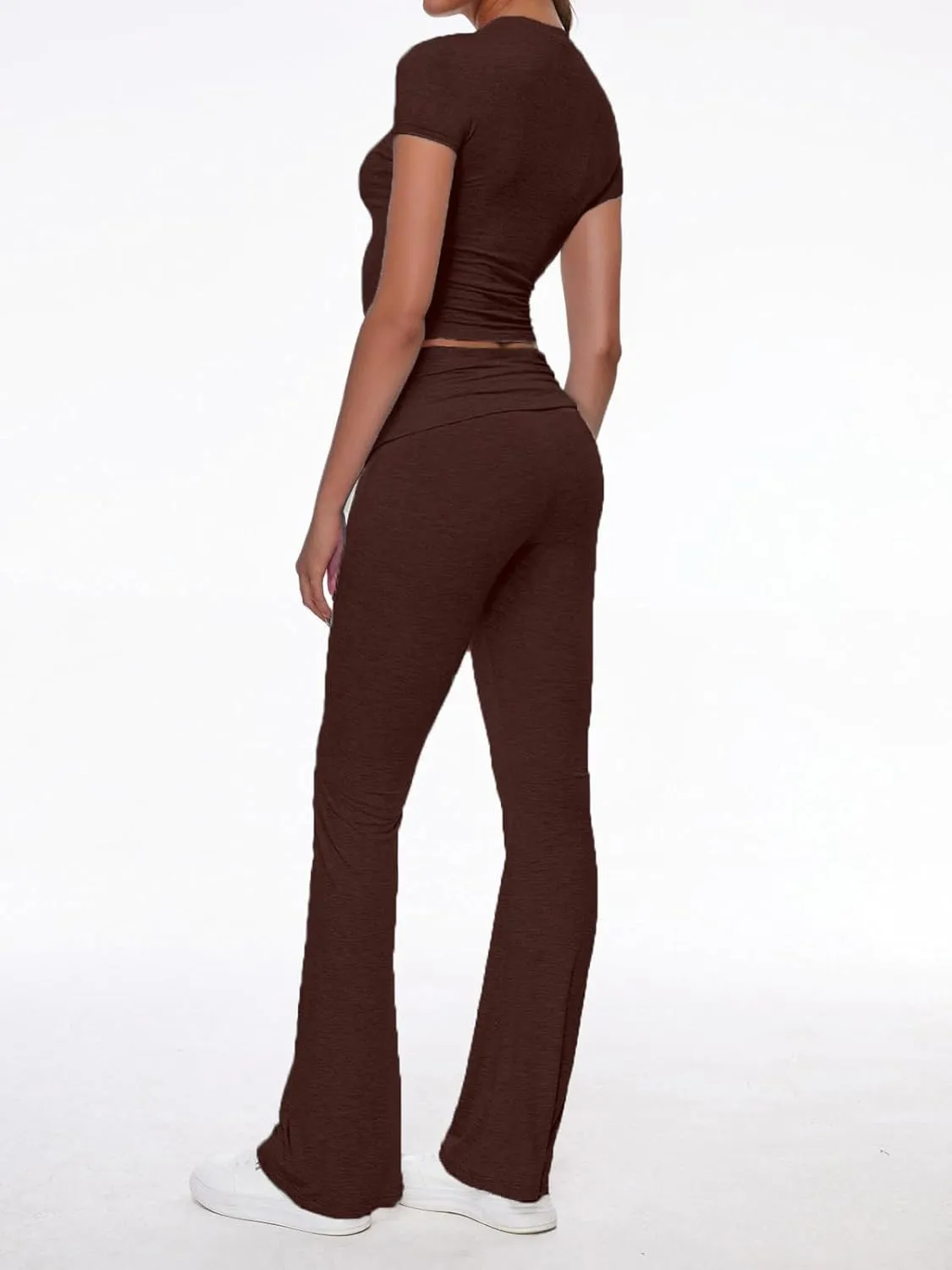 AnotherChill Women's 2 Piece Lounge Sets Fold-over Flare Pants Set Short Sleeve Crop Top Casual Outfits Comfy Loungewear