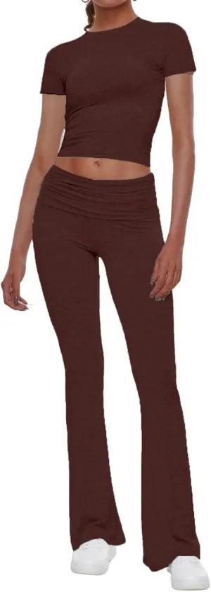 AnotherChill Women's 2 Piece Lounge Sets Fold-over Flare Pants Set Short Sleeve Crop Top Casual Outfits Comfy Loungewear