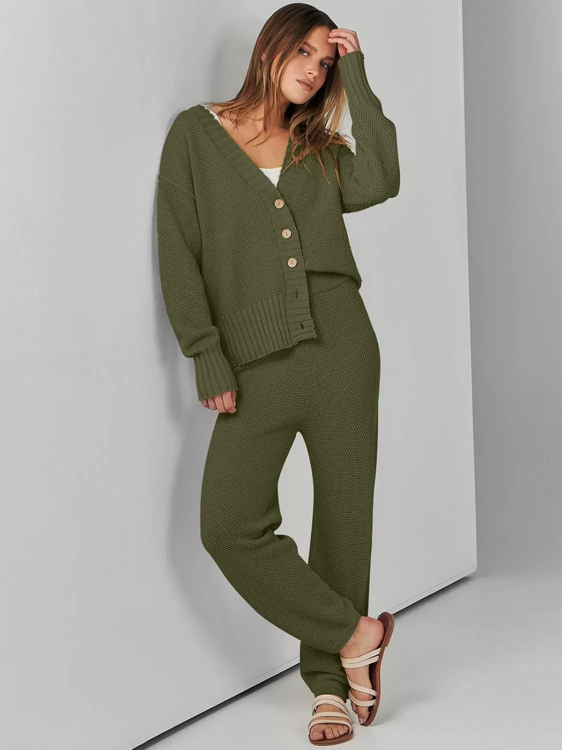 ANRABESS Women 2 Piece Outfits Waffle Knit Long Sleeve Cardigan Set Casual Sweater Pants Lounge Sets 2024 Fall Clothes