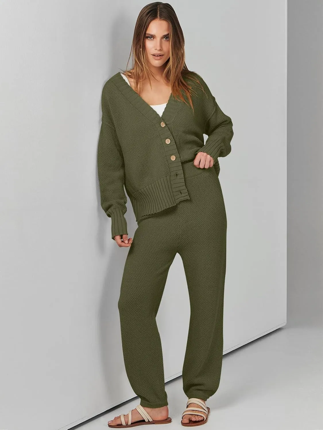 ANRABESS Women 2 Piece Outfits Waffle Knit Long Sleeve Cardigan Set Casual Sweater Pants Lounge Sets 2024 Fall Clothes