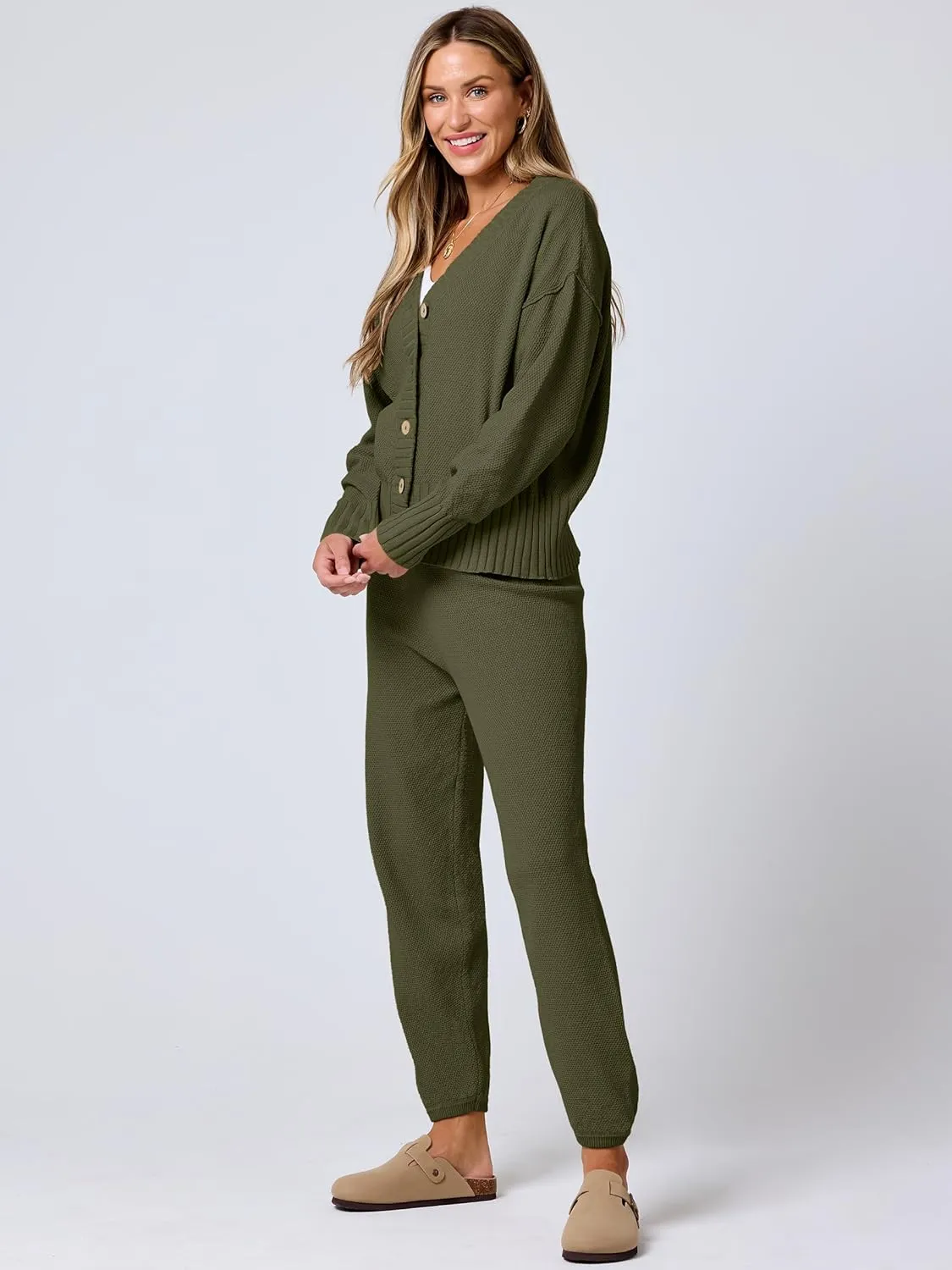 ANRABESS Women 2 Piece Outfits Waffle Knit Long Sleeve Cardigan Set Casual Sweater Pants Lounge Sets 2024 Fall Clothes