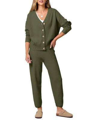 ANRABESS Women 2 Piece Outfits Waffle Knit Long Sleeve Cardigan Set Casual Sweater Pants Lounge Sets 2024 Fall Clothes