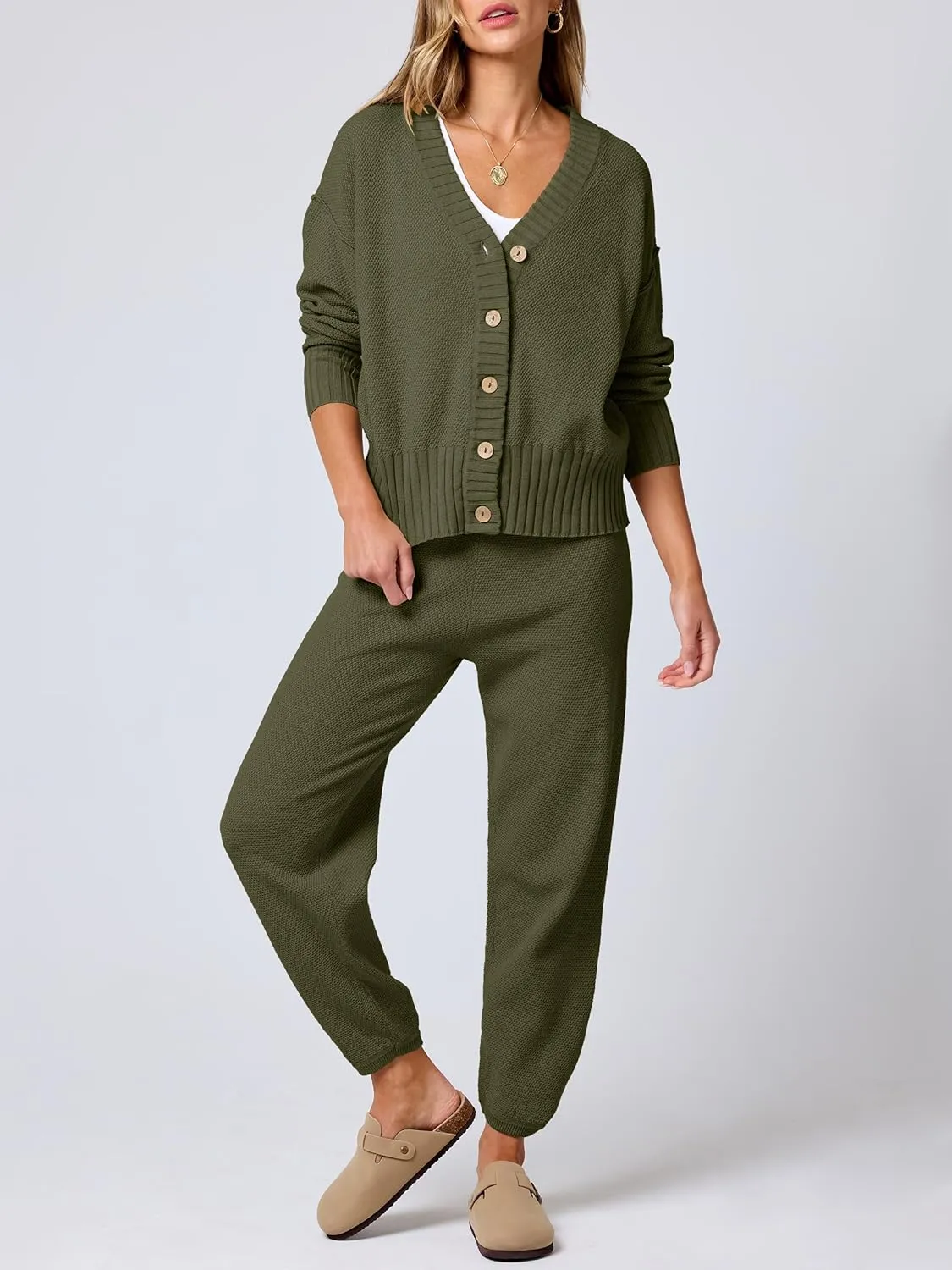 ANRABESS Women 2 Piece Outfits Waffle Knit Long Sleeve Cardigan Set Casual Sweater Pants Lounge Sets 2024 Fall Clothes