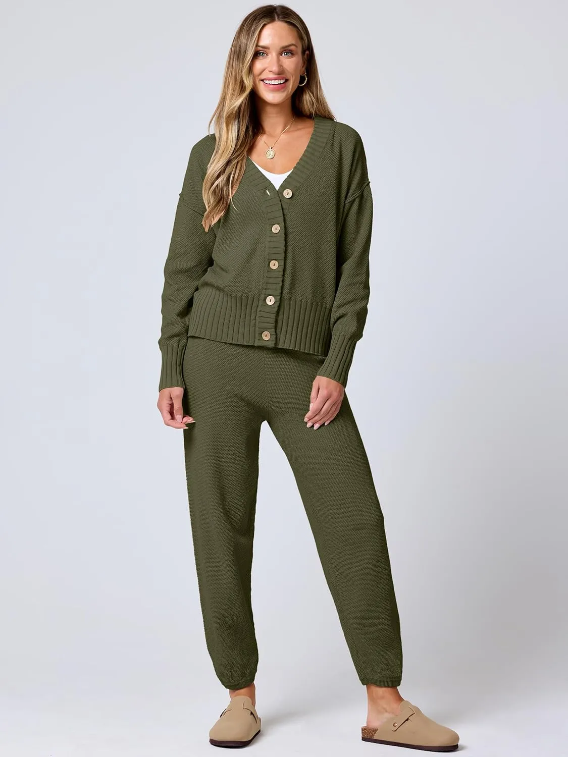 ANRABESS Women 2 Piece Outfits Waffle Knit Long Sleeve Cardigan Set Casual Sweater Pants Lounge Sets 2024 Fall Clothes