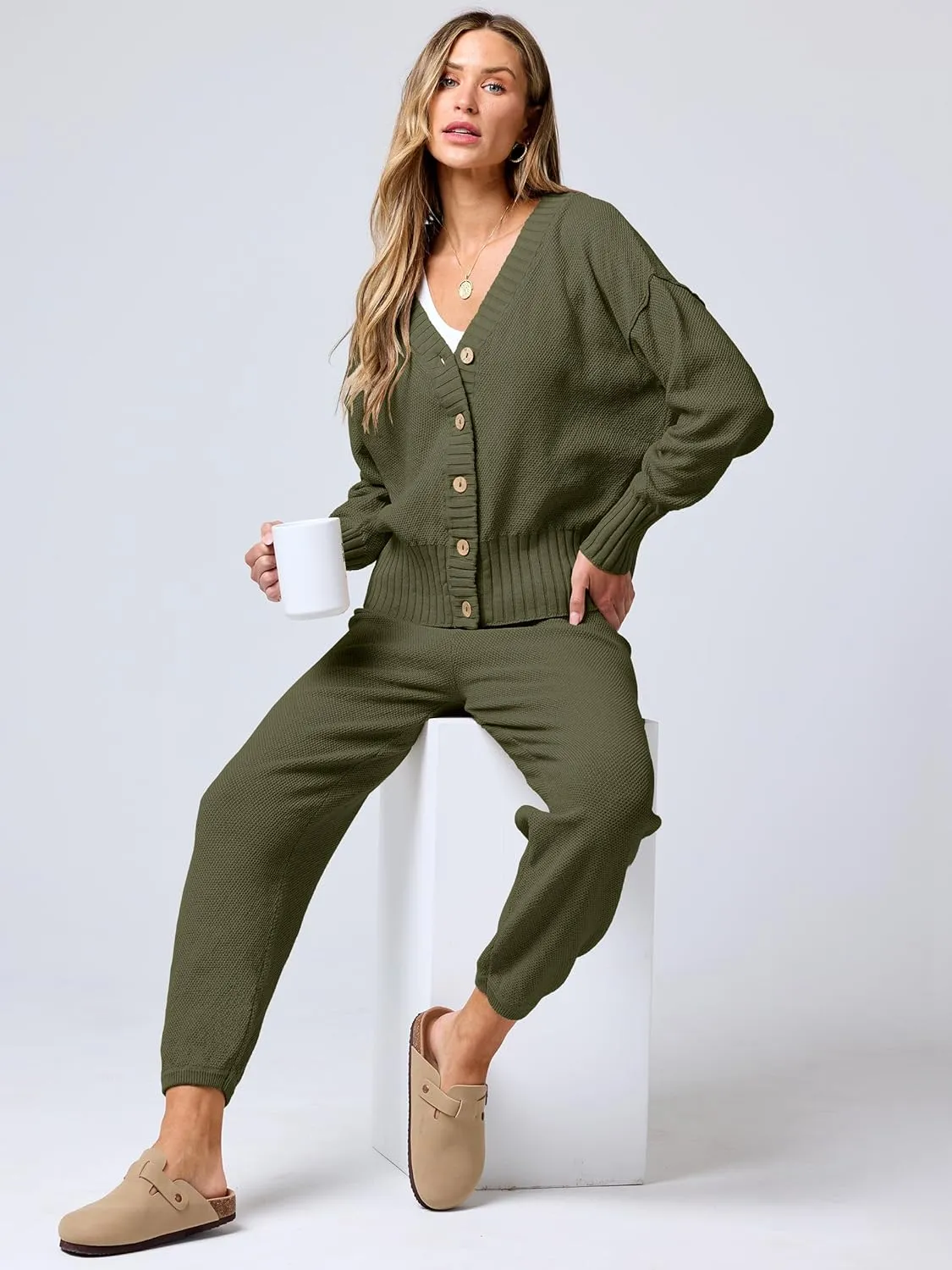 ANRABESS Women 2 Piece Outfits Waffle Knit Long Sleeve Cardigan Set Casual Sweater Pants Lounge Sets 2024 Fall Clothes
