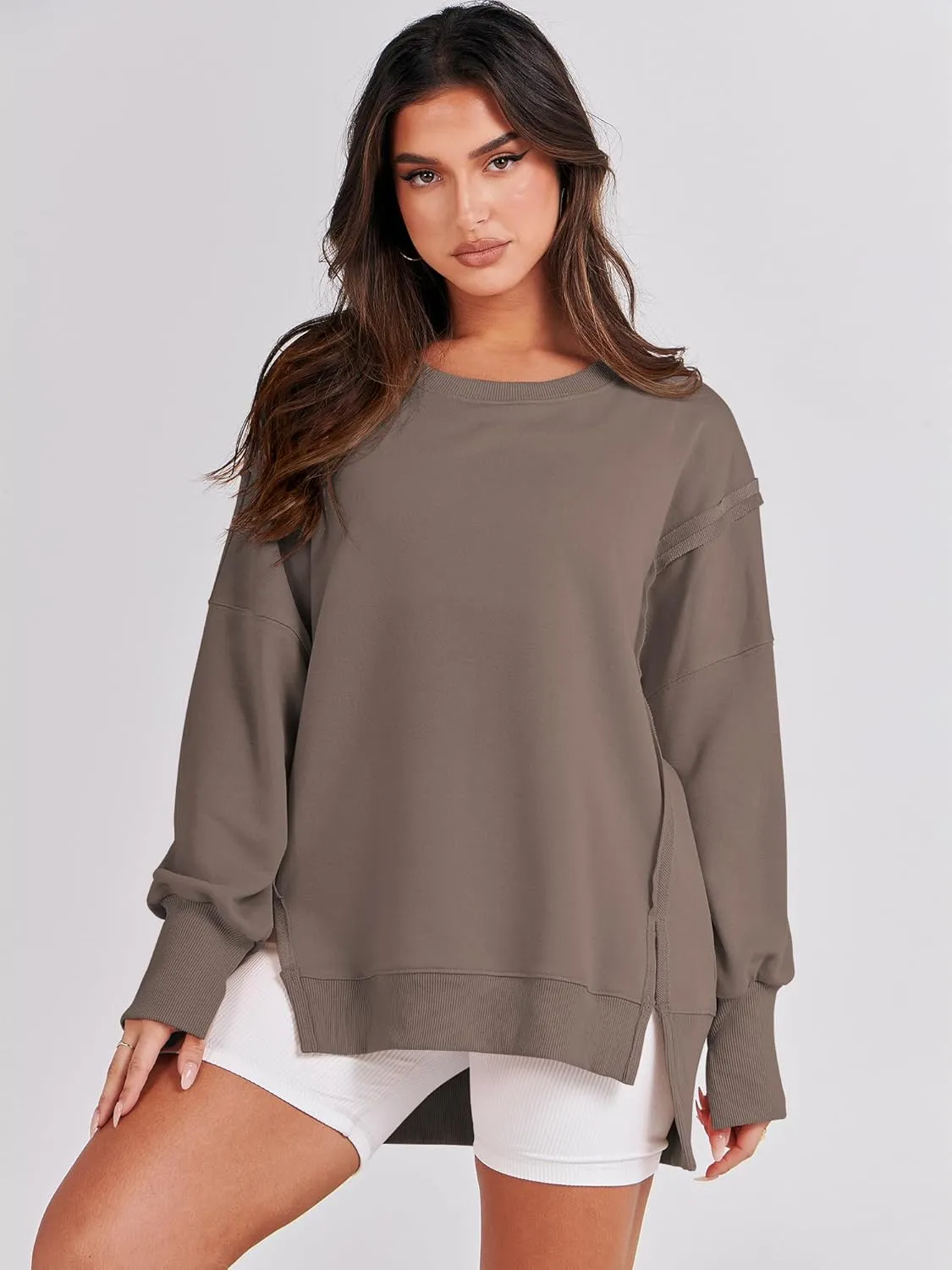 ANRABESS Women's Oversized Sweatshirts Crew Neck Long Sleeve Shirts Casual Loose Slit 2025 Fall Clothes