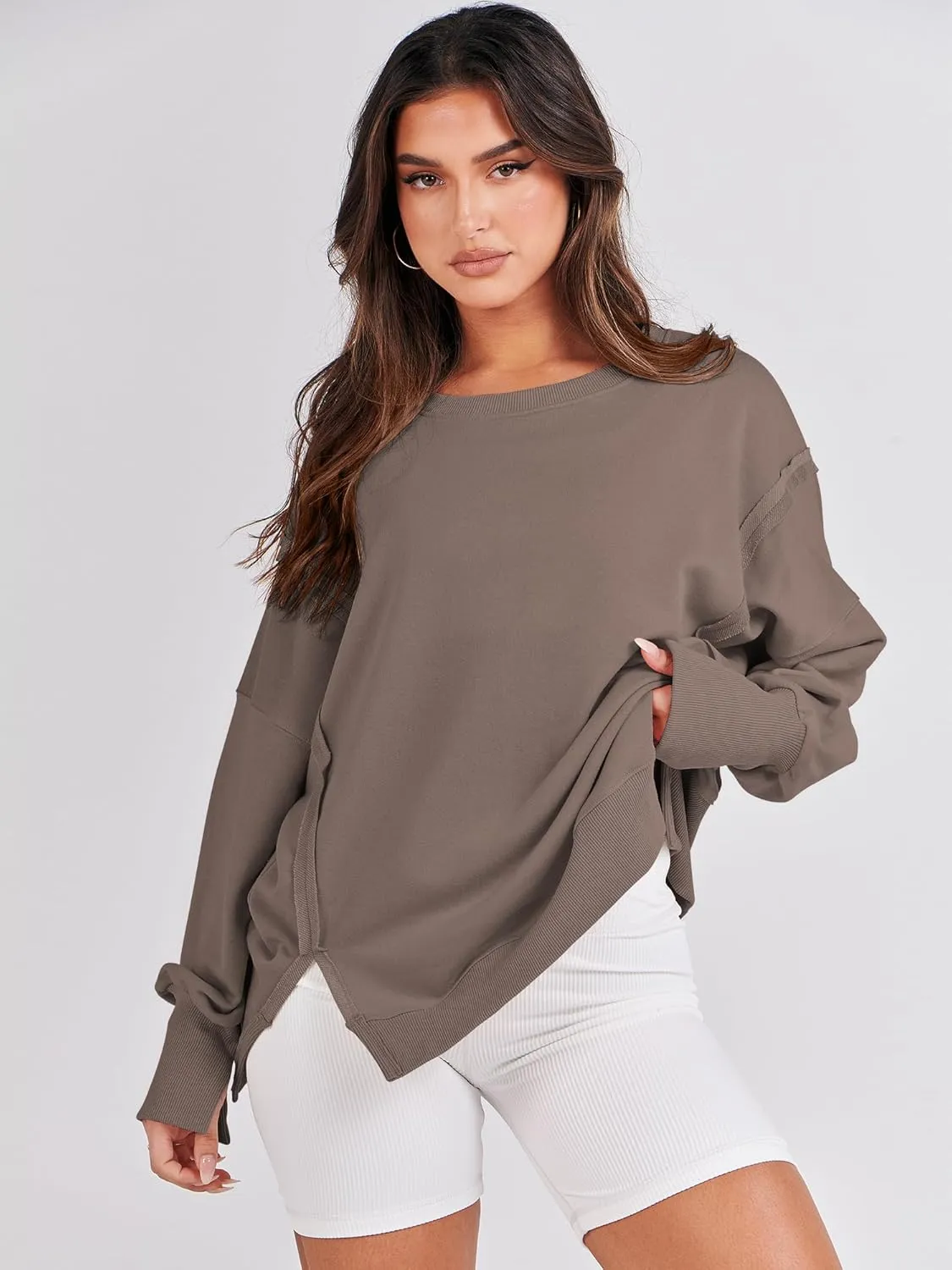 ANRABESS Women's Oversized Sweatshirts Crew Neck Long Sleeve Shirts Casual Loose Slit 2025 Fall Clothes