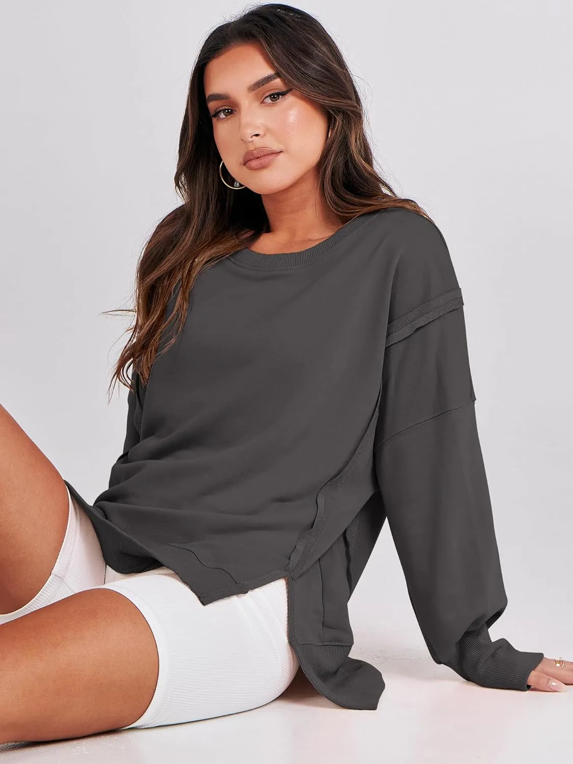 ANRABESS Women's Oversized Sweatshirts Crew Neck Long Sleeve Shirts Casual Loose Slit 2025 Fall Clothes
