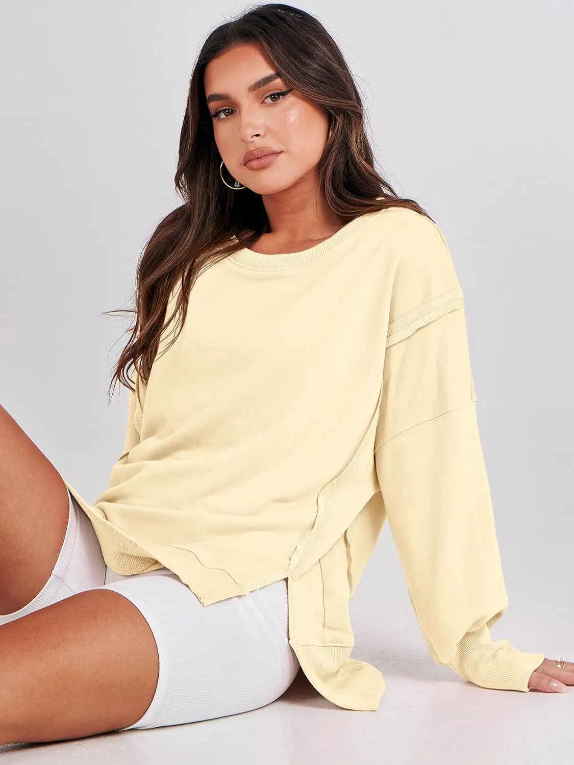 ANRABESS Women's Oversized Sweatshirts Crew Neck Long Sleeve Shirts Casual Loose Slit 2025 Fall Clothes