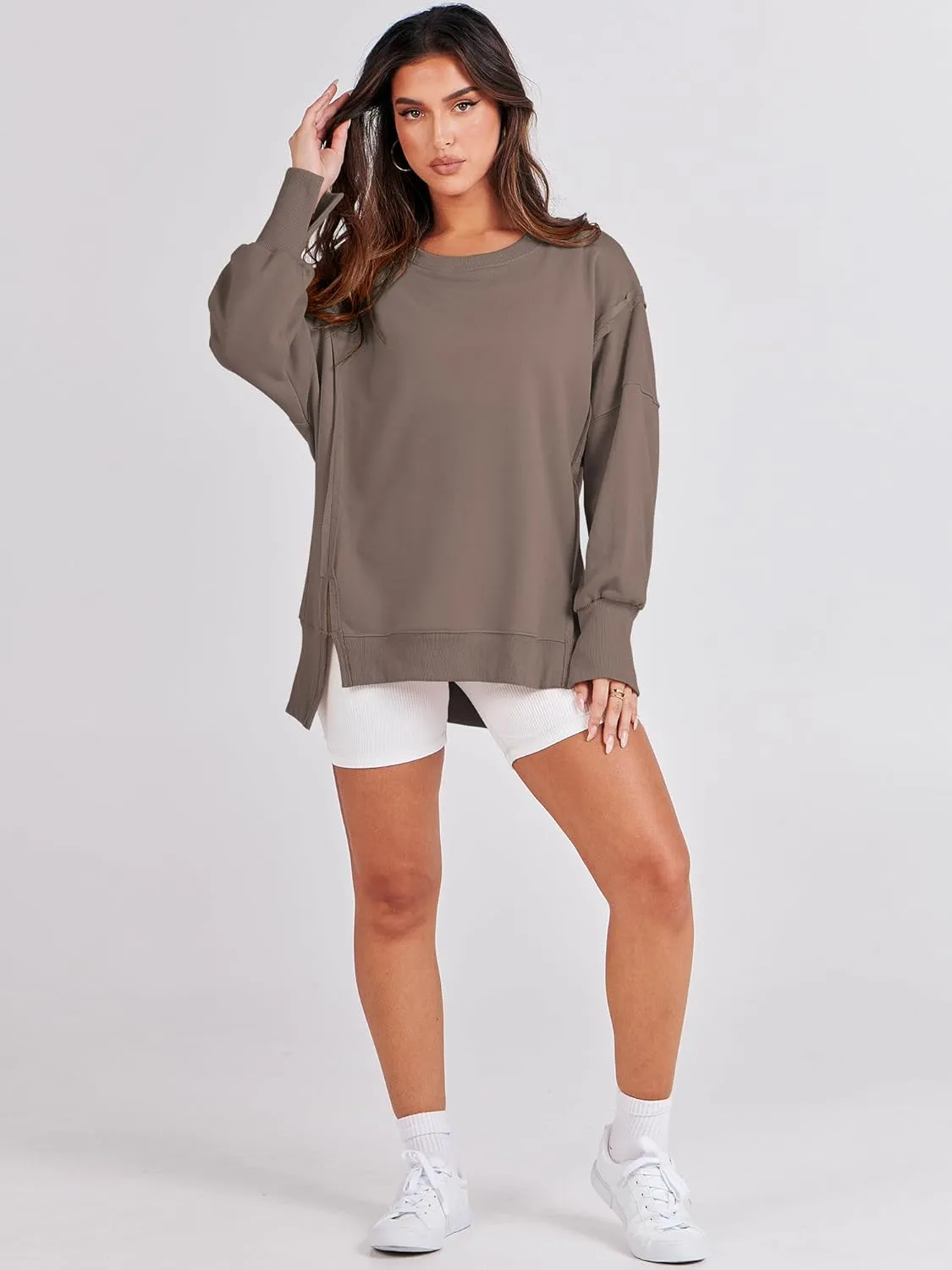 ANRABESS Women's Oversized Sweatshirts Crew Neck Long Sleeve Shirts Casual Loose Slit 2025 Fall Clothes