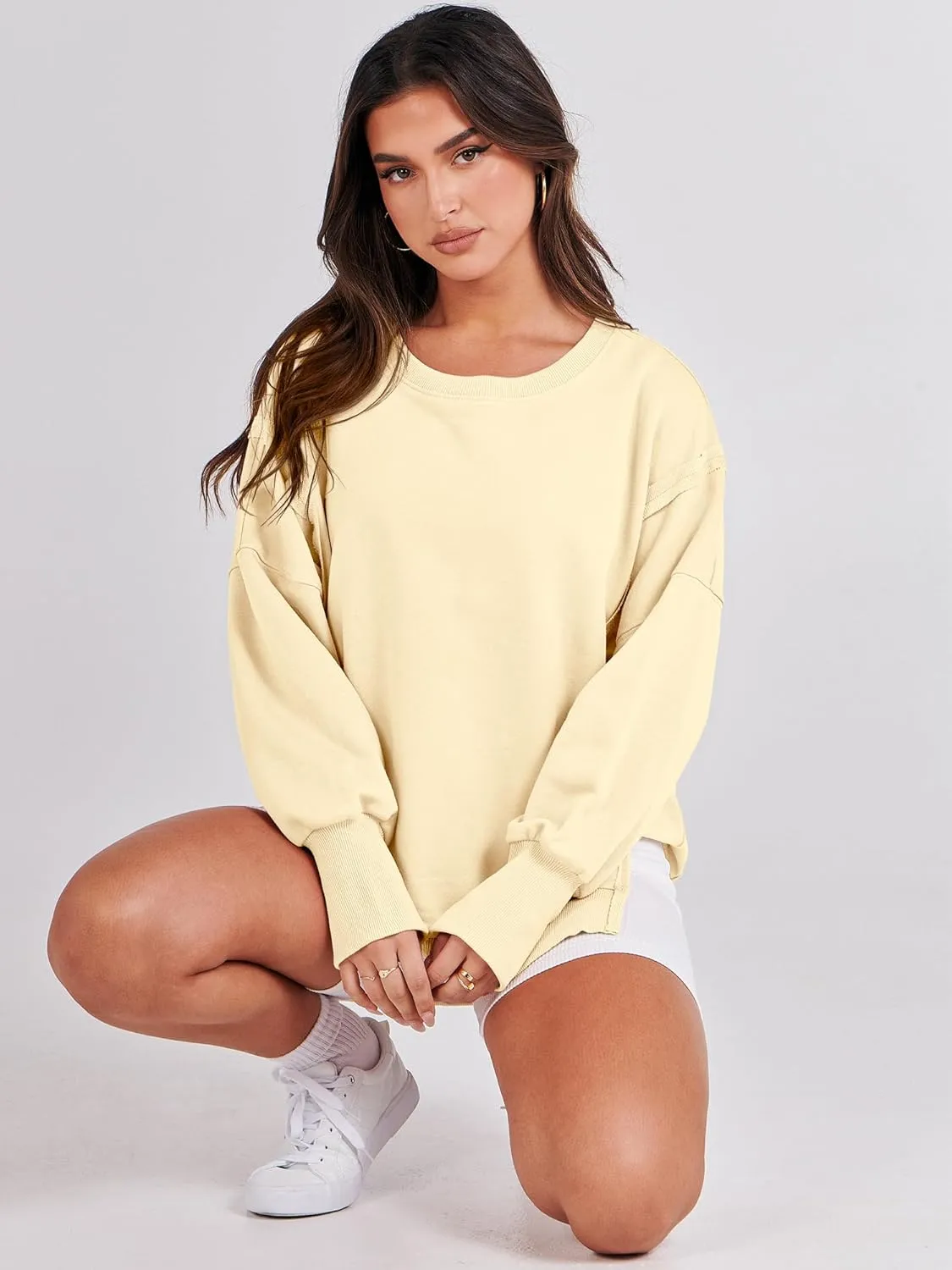 ANRABESS Women's Oversized Sweatshirts Crew Neck Long Sleeve Shirts Casual Loose Slit 2025 Fall Clothes