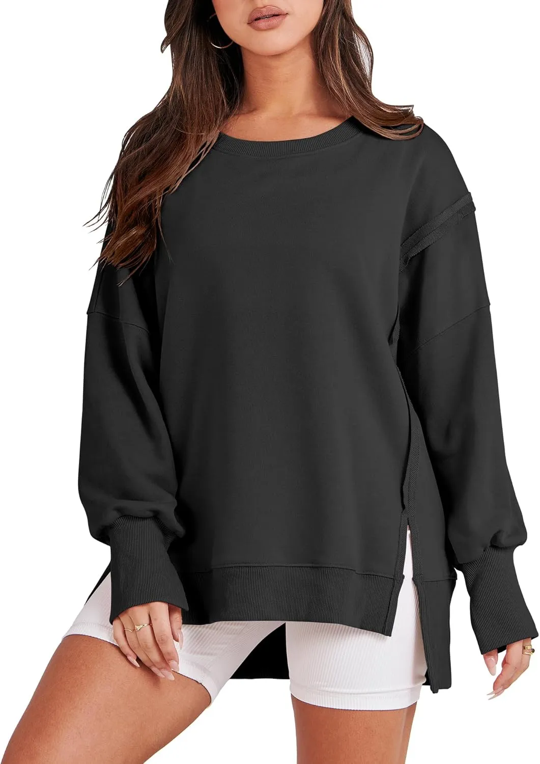ANRABESS Women's Oversized Sweatshirts Crew Neck Long Sleeve Shirts Casual Loose Slit 2025 Fall Clothes